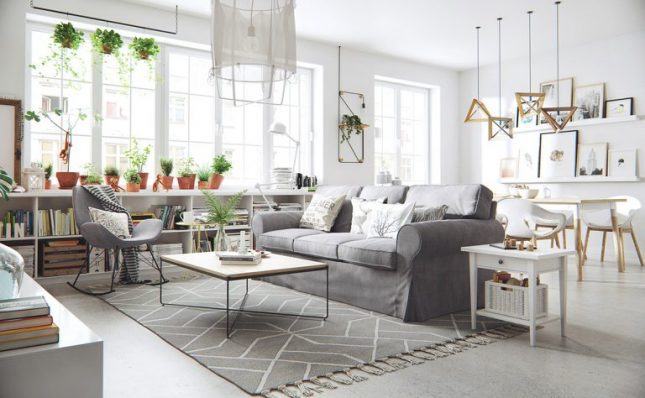 3d-ontwerpen van lichte Scandinavische woonkamer