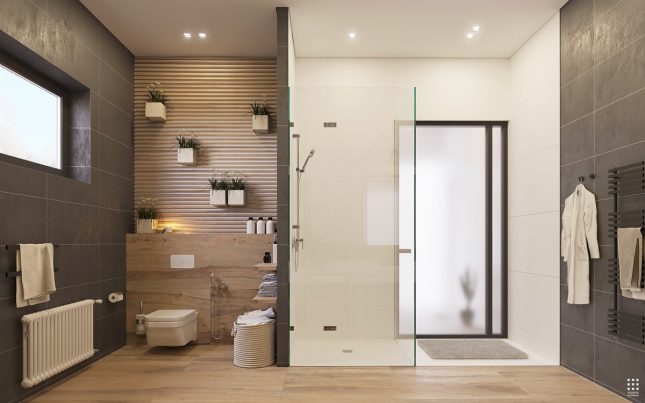 Inbouwspots zijn erg populair in de badkamer als algemene verlichting - ook in deze moderne badkamer. Klik hier voor meer foto's.