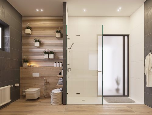 De toegang tot deze moderne badkamer ensuite is uniek!