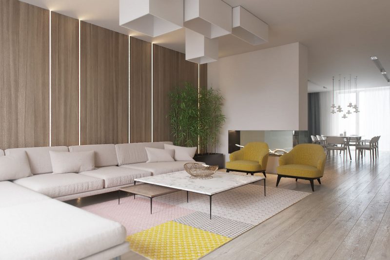 grote houten wand achter bank woonkamer