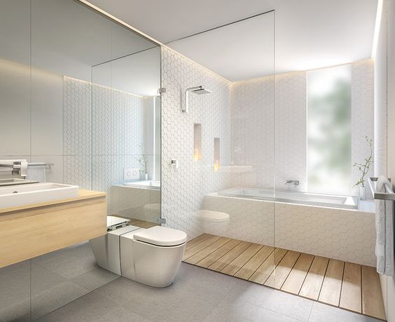 Zwevende houten badkamermeubel en toilet aan spiegelwand op maat in badkamer