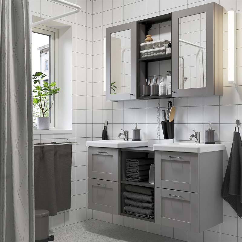 ikea badkamermeubel enhet grijs dubbele wastafels