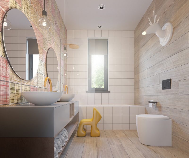 In deze moderne badkamer voor kinderen zijn inbouwspots gecombineerd met hanglampen boven de wastafels. Klik hier voor meer foto's.