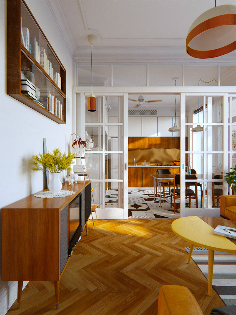Oleksii Naumov koos in dit jaren 70 interieur voor mooie glazen deuren om de keuken en woonkamer met elkaar te verbinden.