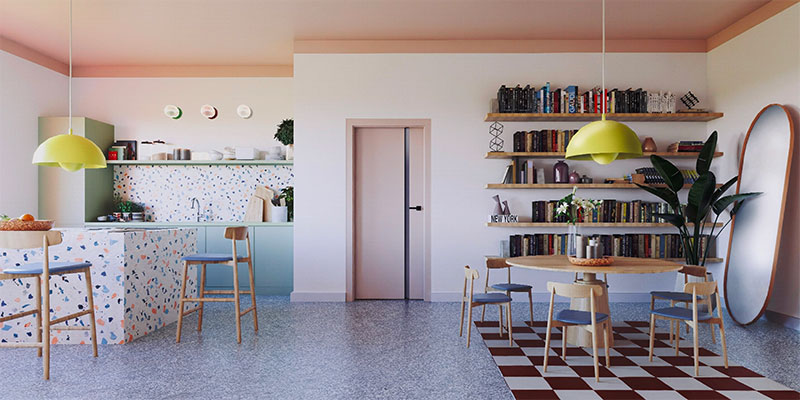 Szymon Misiak creeerde dit kleurrijke jaren 70 retro stijl interieur met onder andere terrazzo vloer, terrazzo keuken en oude roze als accentkleur. Love it!