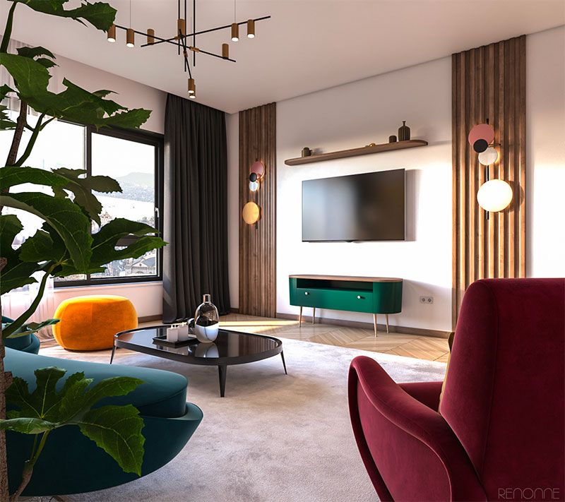 Een mooie en kleurrijke jaren 70 woonkamer met super leuke retro meubels en details - ontworpen door Manar Mostafa