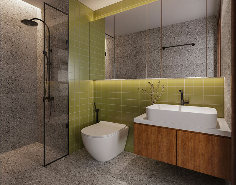 Een super mooie jaren 70 stijl badkamer met een mooie materialen- en kleurenmix.