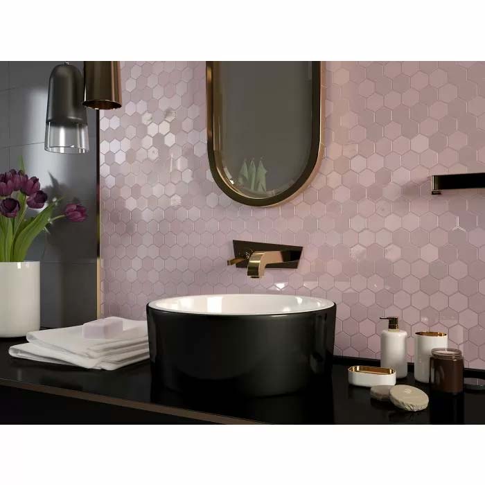kleine roze hexagon tegels keuken achterwand