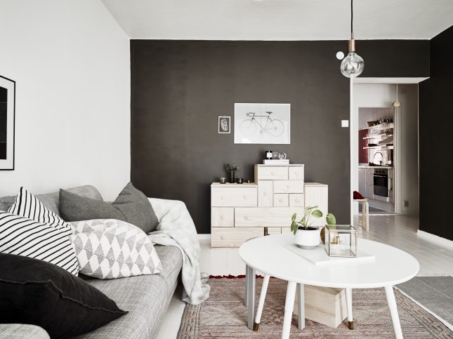 Kleine woonkamer in een klein Scandinavisch appartement van 47m2