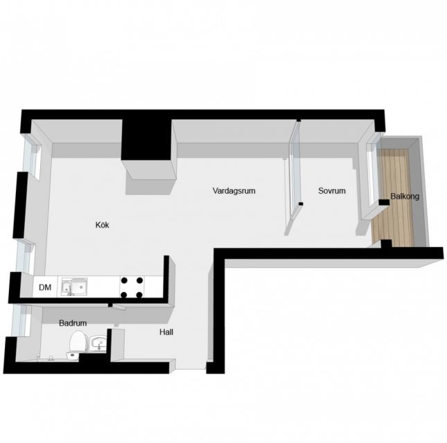 Met een grote glazen wand is er een slaapkamer gecreëerd in dit appartement Met een grote glazen wand is er een slaapkamer gecreëerd in dit appartement