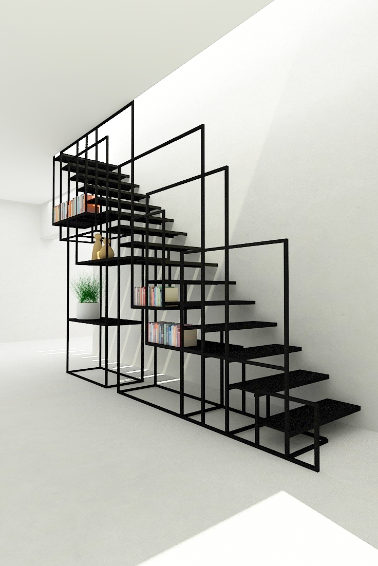 minimalistische stalen trap ontwerp met boekenkast