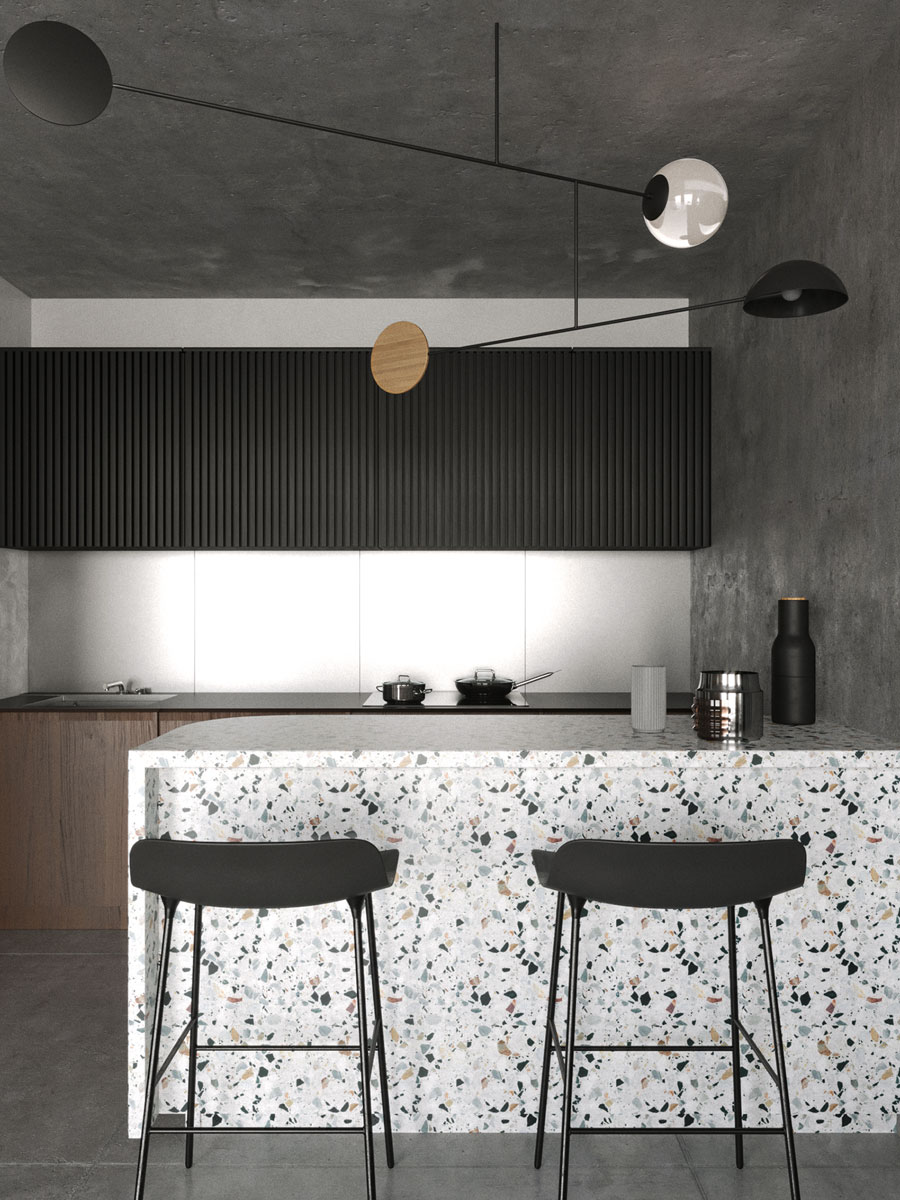 Terrazzo keukeneiland met zwarte barkrukken