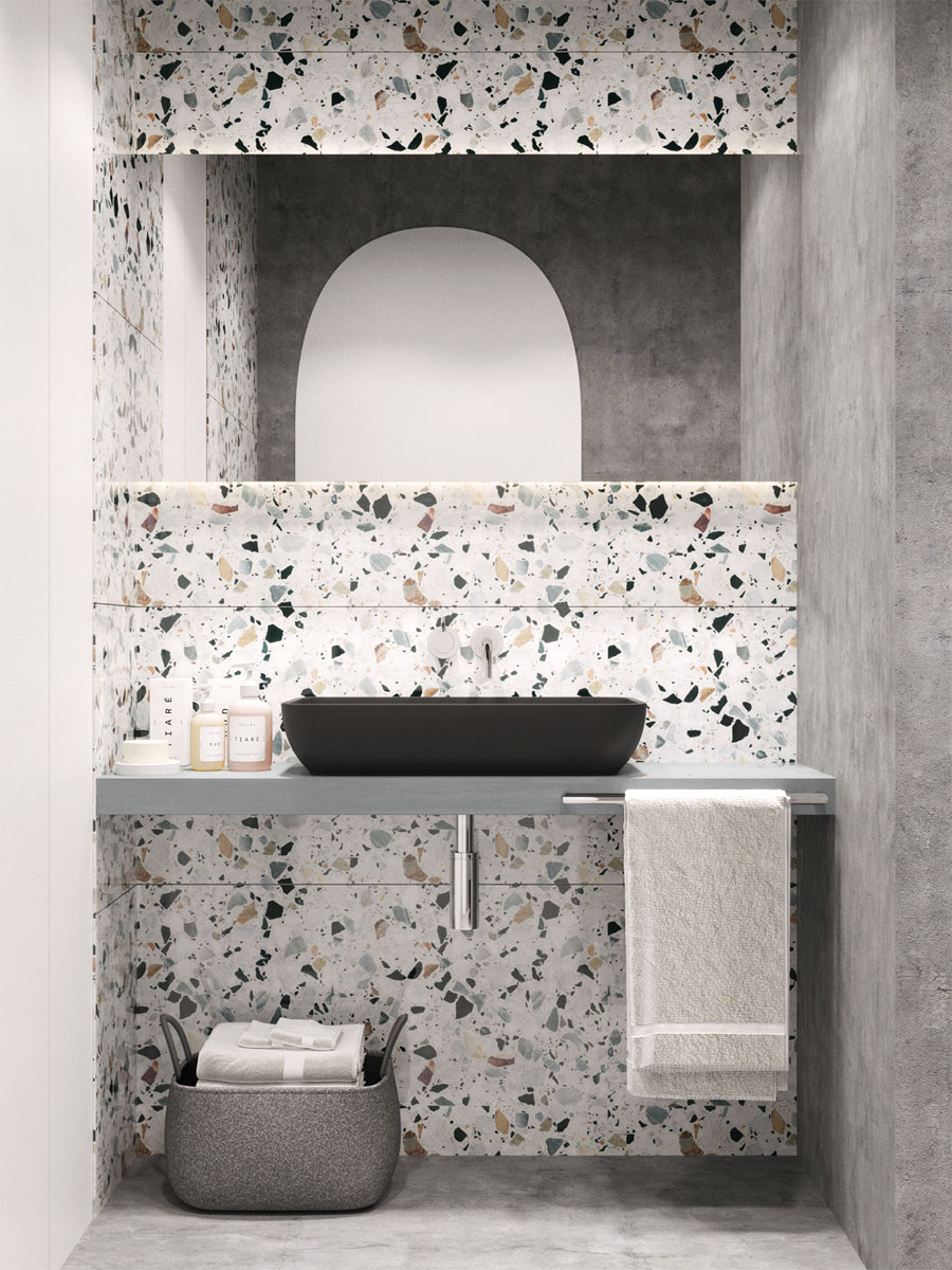 Terrazzo wandtegels met wandspiegel in modern toilet