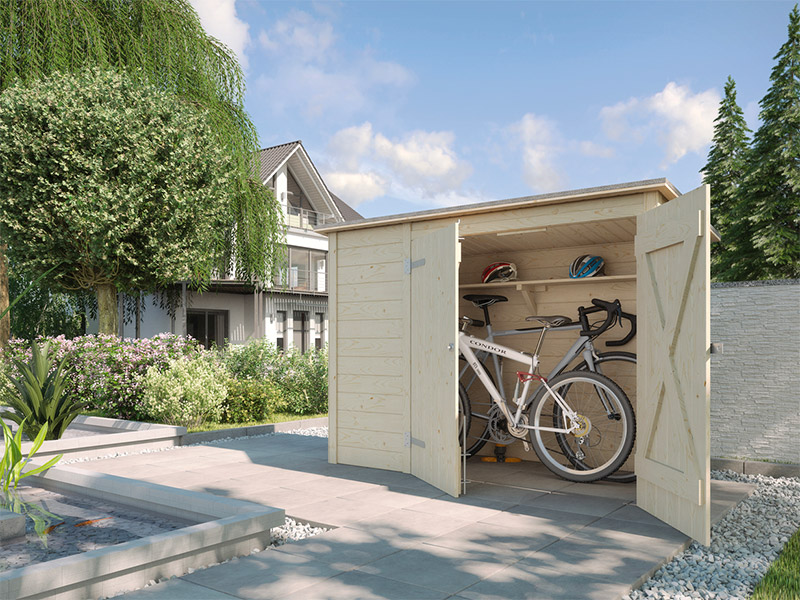 Deze multifunctionele houten fietsenstalling voor de voortuin beschikt over een wand van 19 mm dikte met een strakke hoekverbinding. Het lessenaarsdak wordt voorzien van een initiële bitumenlaag; voor optimale dakbedekking is het aan te raden extra dakshingles aan te schaffen. Dankzij de ruime dubbele deur kun je eenvoudig fietsen of containers plaatsen. Bovendien wordt er een royale opbergplank bijgeleverd. Een volledige oplossing voor je opbergbehoeften!