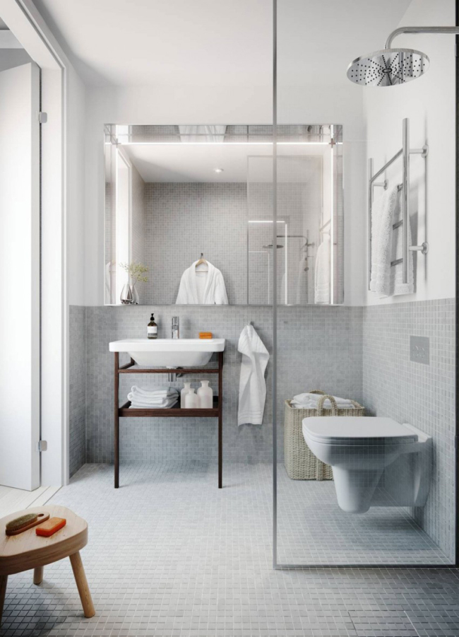 Scandinavisch loft appartement badkamer met grijze tegels