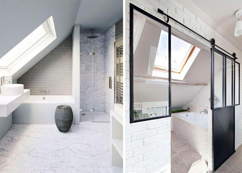 Deze badkamers ontwerpen laten zien dat een schuine wand geen probleem hoeft te zijn.