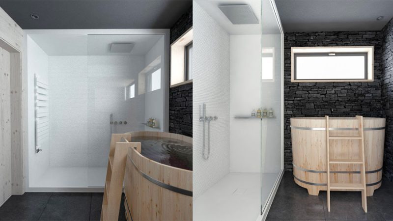 Deze luxe spa badkamer, ontworpen door INT2 architecture, heeft een heel bijzonder houten bad én sauna!