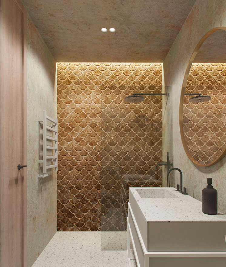 Need Design heeft deze mooie spa badkamer ontworpen - in de inloopdouche is sfeervolle led-verlichting gecreëerd aan de rand van het plafond.