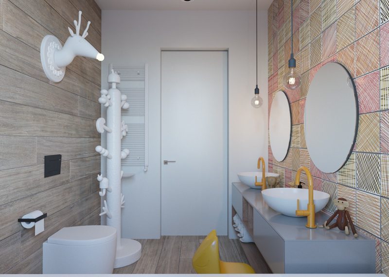 Leuke moderne kinderbadkamer met houtlook tegels
