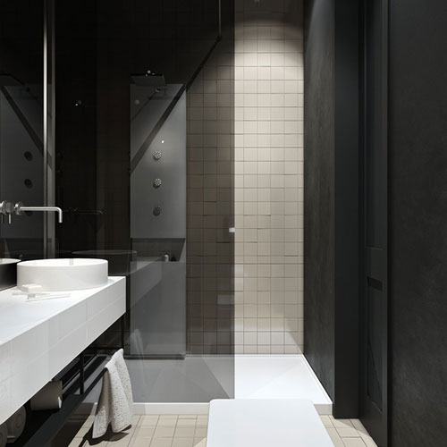 Zwarte glazen douchewand in moderne luxe badkamer