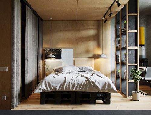 Stoere slaapkamer met beton en underlayment