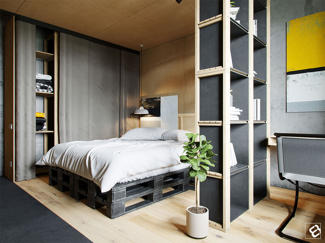 Stoere slaapkamer met beton en underlayment Stoere slaapkamer met beton en underlayment