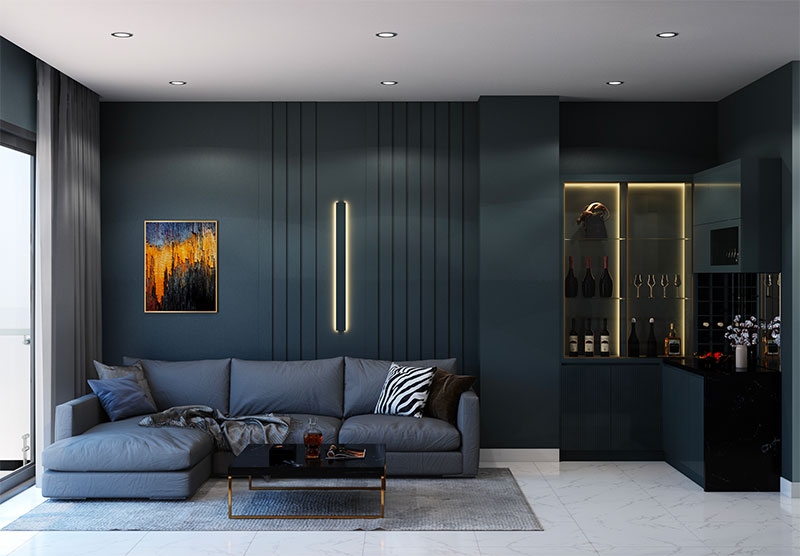 Een modern ton sur ton interieur met blauw als basis, terugkomend in de muren en meubels.