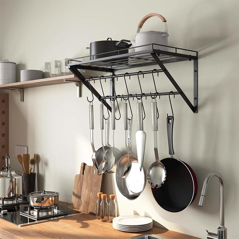 3-in-1 multifunctioneel wandrek, gecombineerd met 1 groot roosterrek + 2 hangstangen + 12 afneembare haken. Ideaal voor in de keuken voor het ophangen van pannen en ander soort keukengerei.