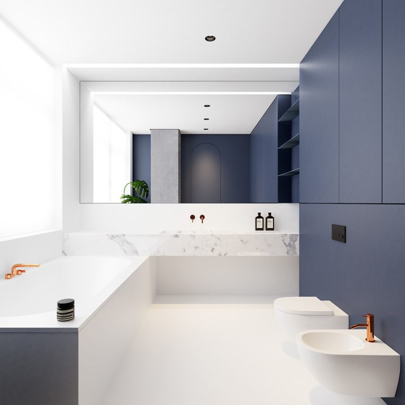 Polyurethaan gietvloer is één van de meest populaire soorten. In deze strakke moderne badkamer, ontworpen door Architect Emil Dervish, is er gekozen voor een strakke witte PU gietvloer.