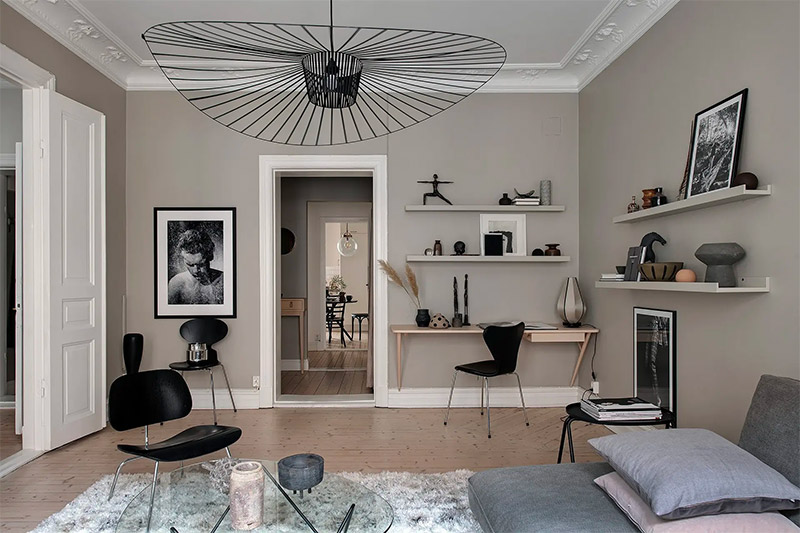 woonkamer inspiratie taupe muren werkplek